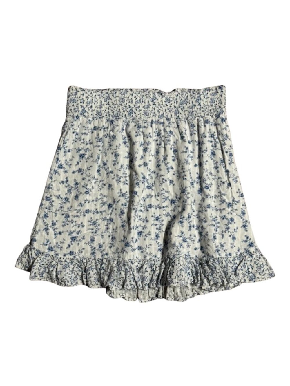 LOFT White Floral Mini Skirt Cotton Ruffle Flounce Elastic Waist XS Feminine